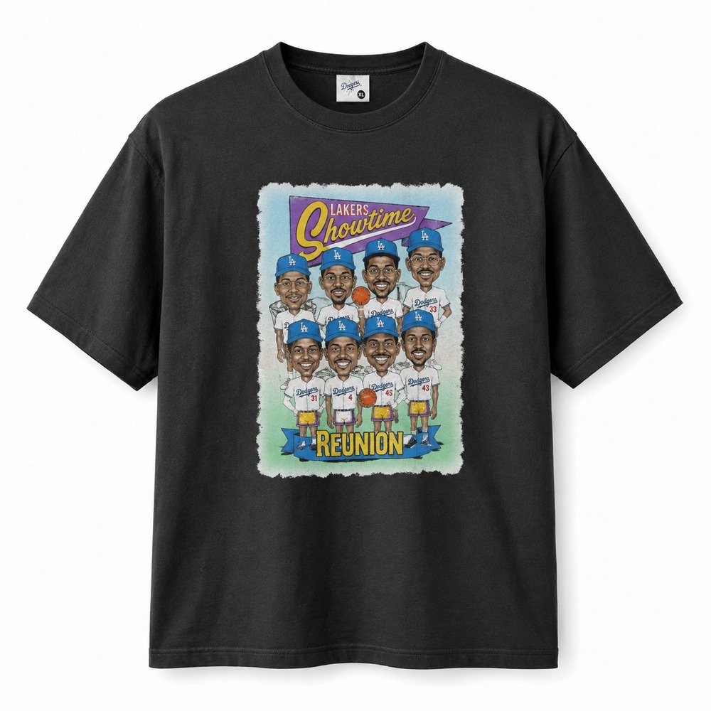 Los Angeles Dodgers "Showtime Reunion" graphic T-shirt in black, tagged size XL
